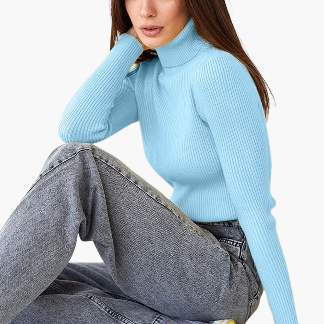 Women's fitted ribbed knit turtleneck sweater with long sleeves and high collar everyday essential