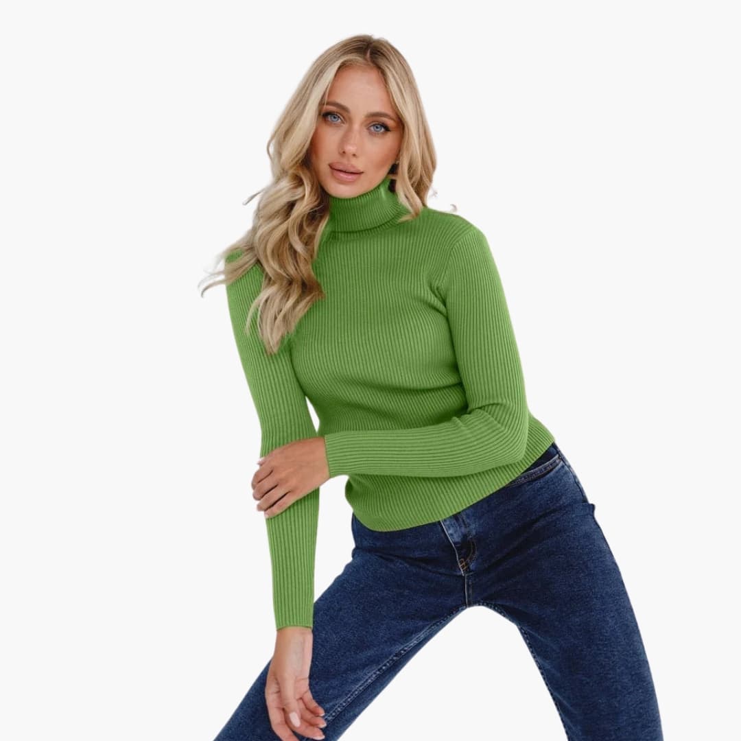 Women's fitted ribbed knit turtleneck sweater with long sleeves and structured high collar