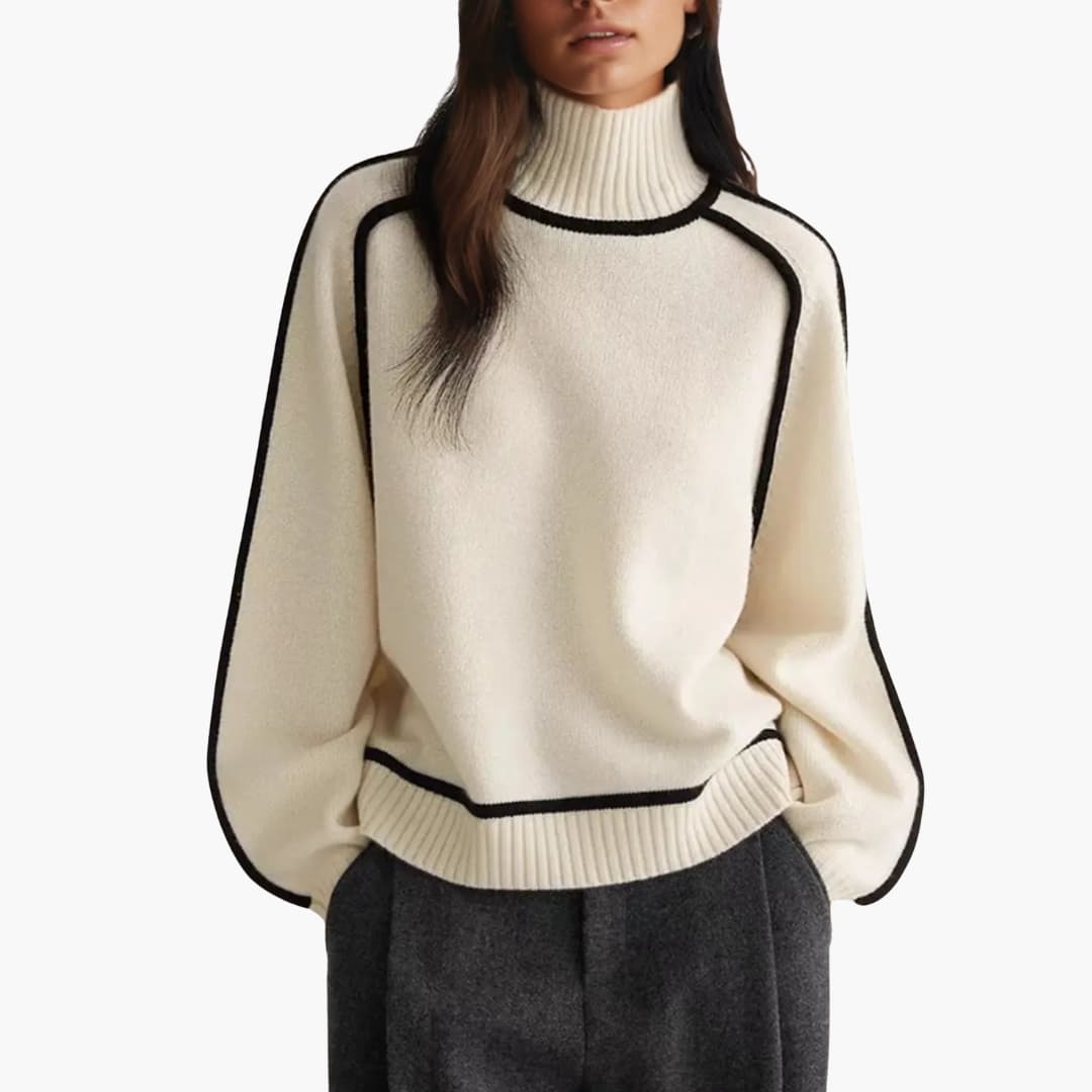 Women's ribbed turtleneck sweater with contrasting edges, relaxed fit, cozy chic everyday style