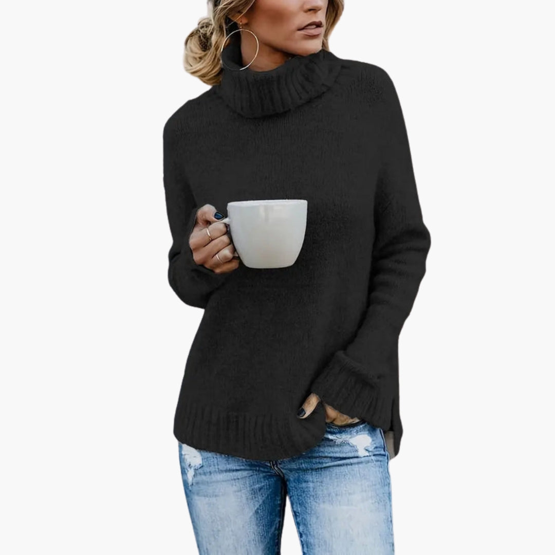 Women's cozy knit turtleneck pullover with side slits, long sleeves, ribbed cuffs, relaxed fit