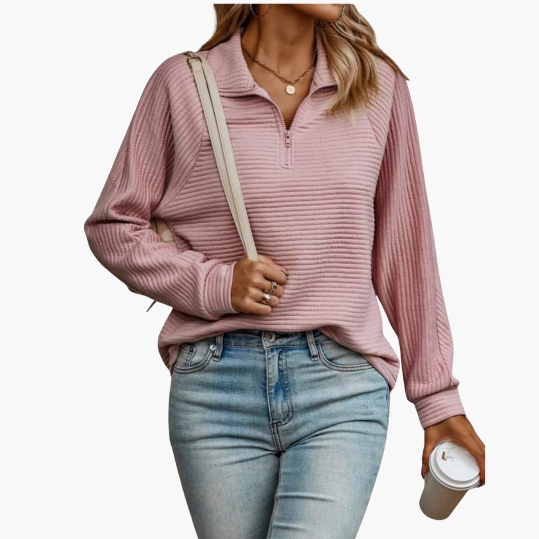 Women's ribbed knit zip-up collar sweater in neutral tone, slim-fit everyday versatile layer