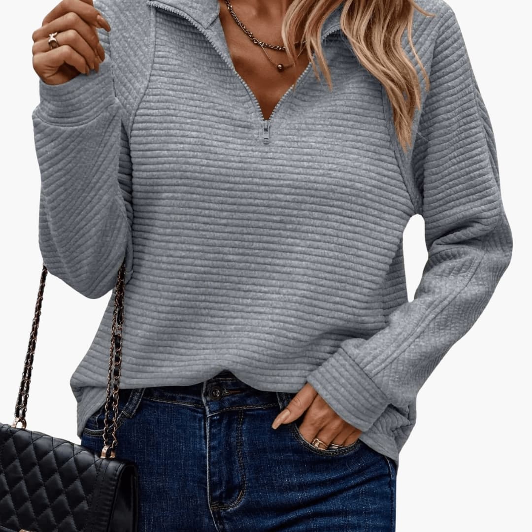 Women's ribbed knit zip-up collar sweater in neutral tone, slim everyday fit with textured horizontal ribs