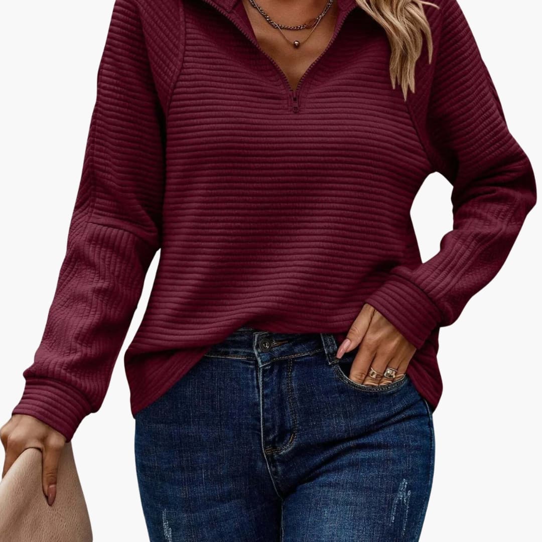 Women's ribbed knit zip-up collar sweater in neutral tone, slim everyday fit with textured horizontal ribbing