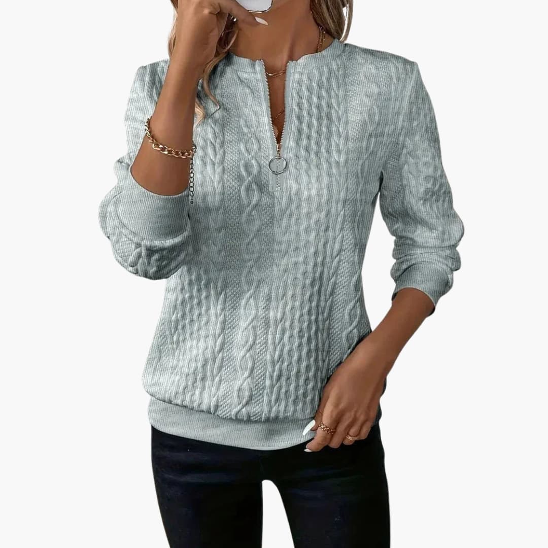 Women's cable knit zip-up sweater with stand-up collar, straight cut, ring pull zipper