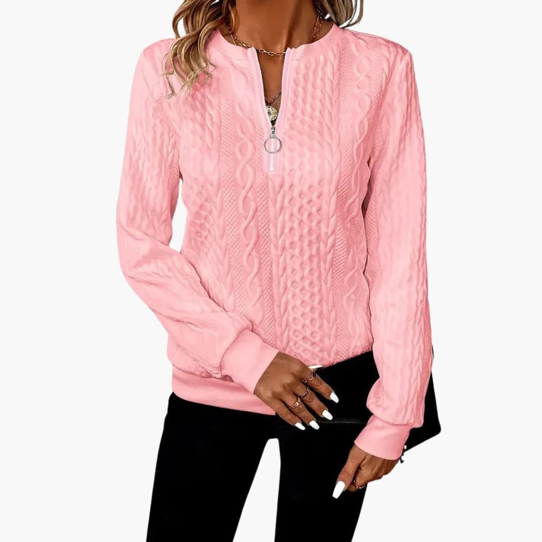 Women's cable knit zip-up sweater with stand-up collar, straight cut, ring pull zipper