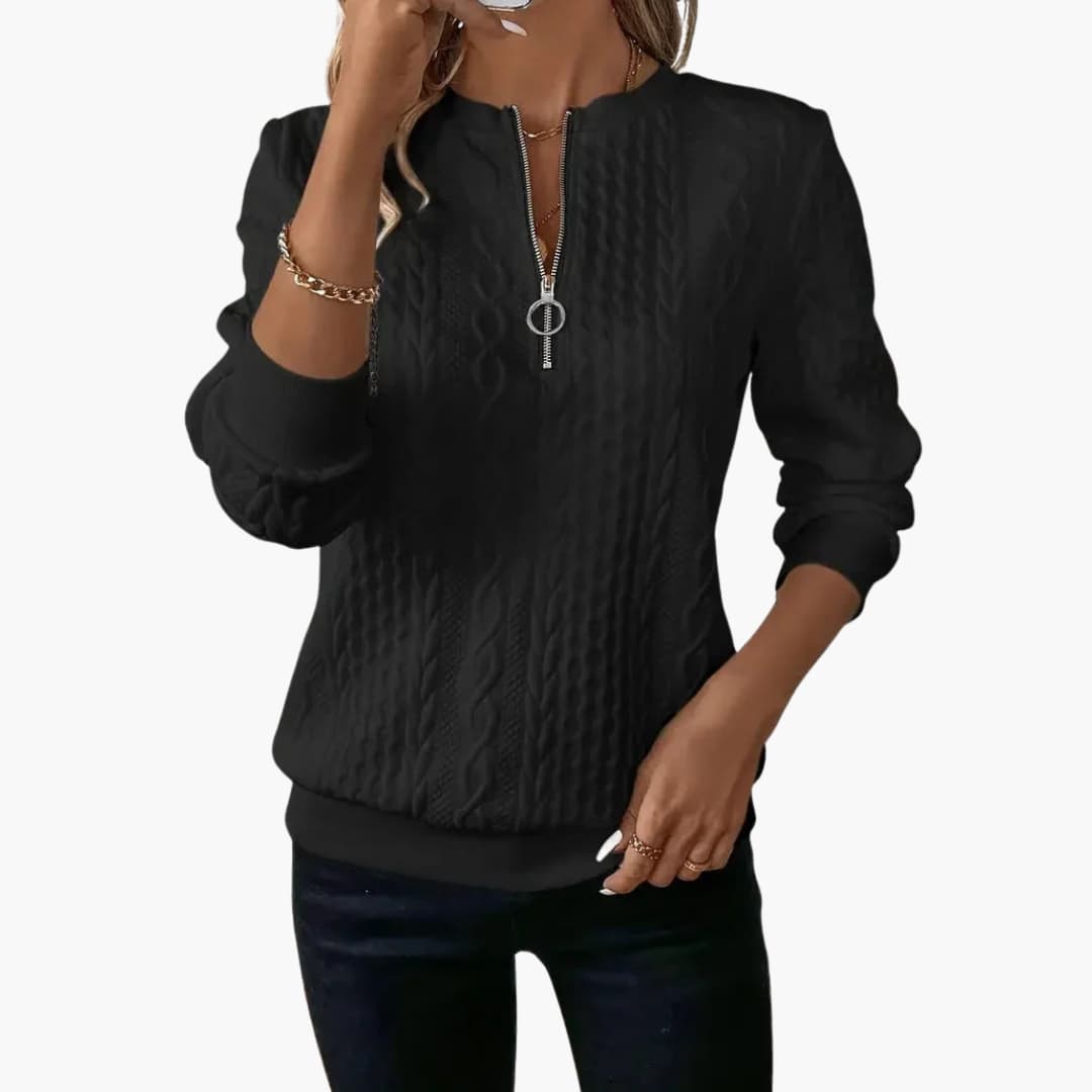 Women's cable knit zip-up sweater with stand-up collar, straight cut, cozy everyday layering piece