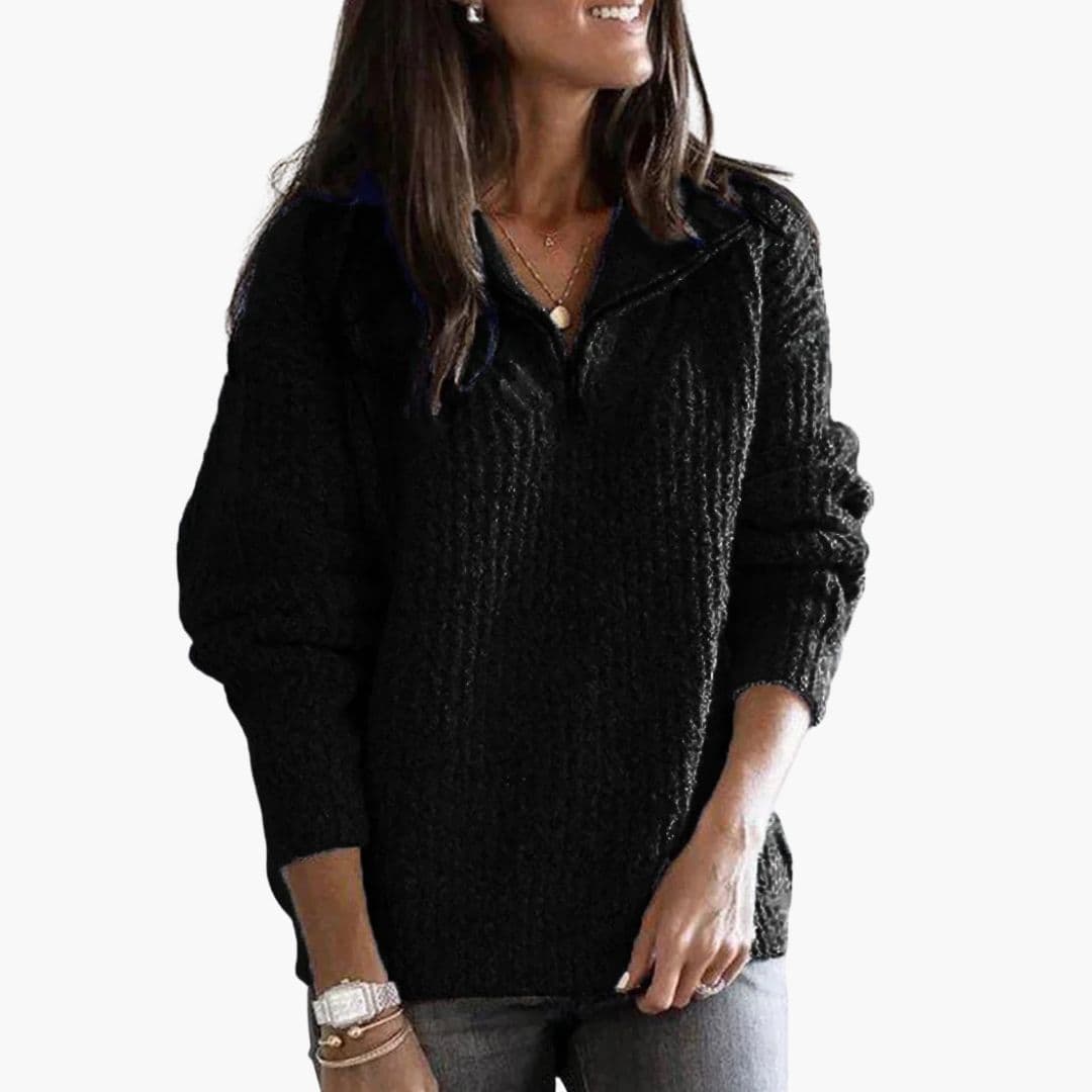 Women's relaxed fit half-zip knit pullover sweater with ribbed collar and long sleeves