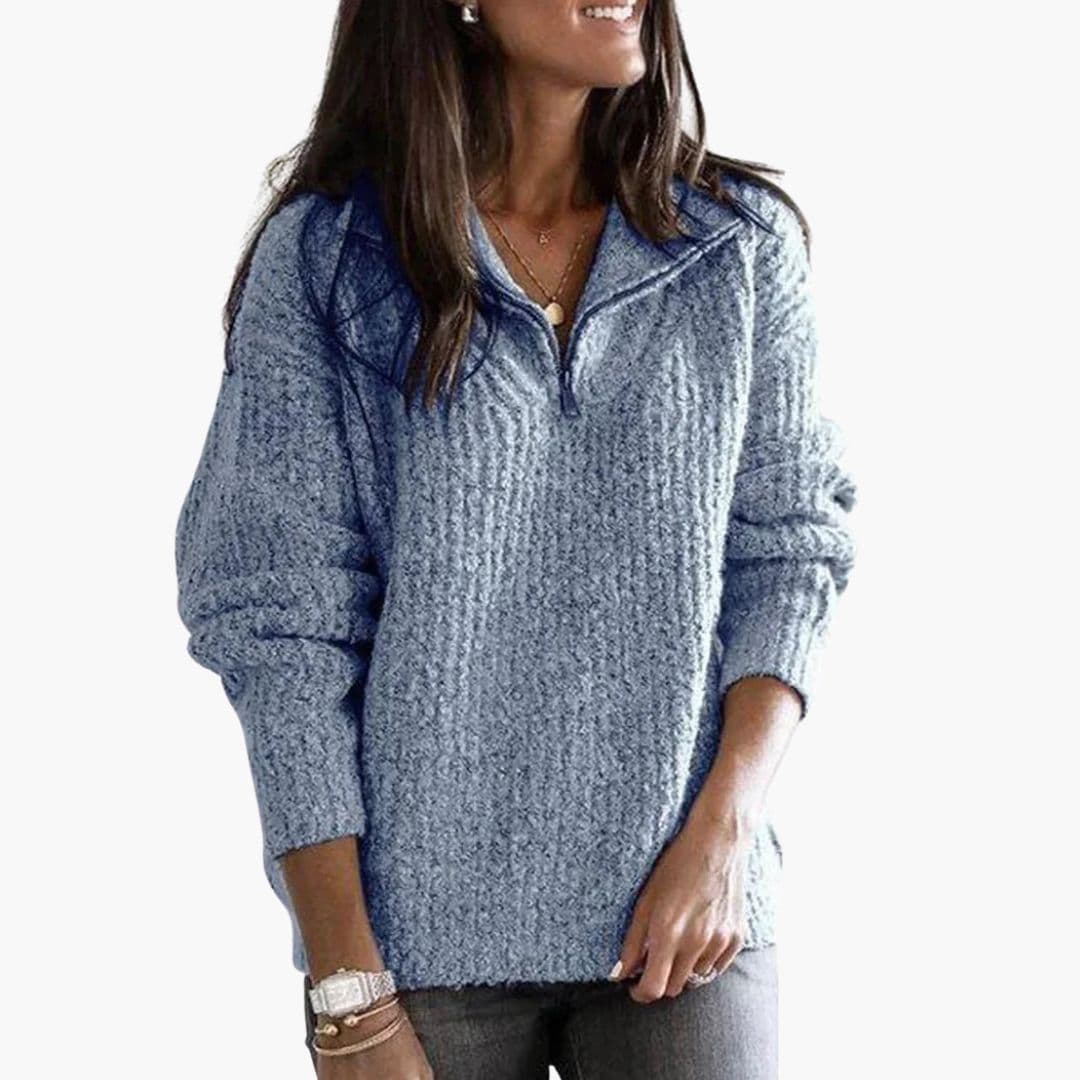 Women's relaxed fit half-zip knit pullover sweater with ribbed collar and long sleeves