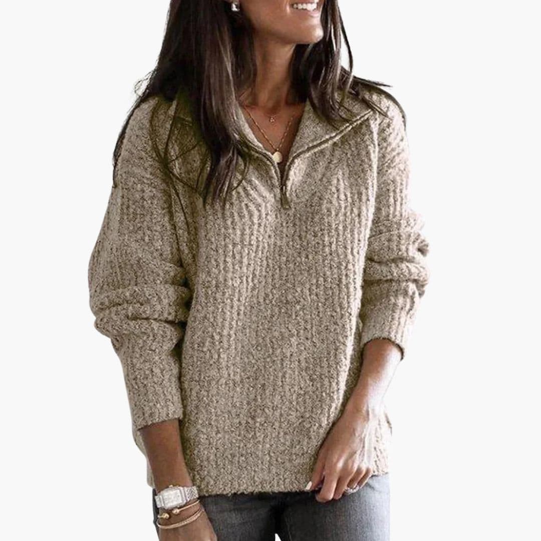 Women's relaxed fit half-zip knit pullover sweater with ribbed collar and long sleeves