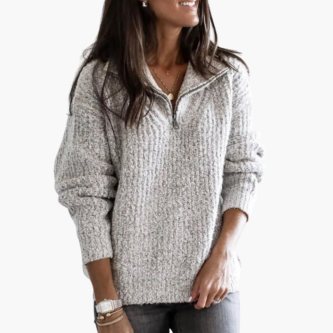 Women's relaxed fit half-zip knit pullover sweater with ribbed collar and long sleeves
