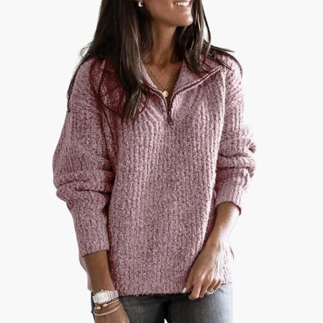 Women's relaxed fit half-zip knit pullover sweater with ribbed collar and long sleeves, cozy versatile style