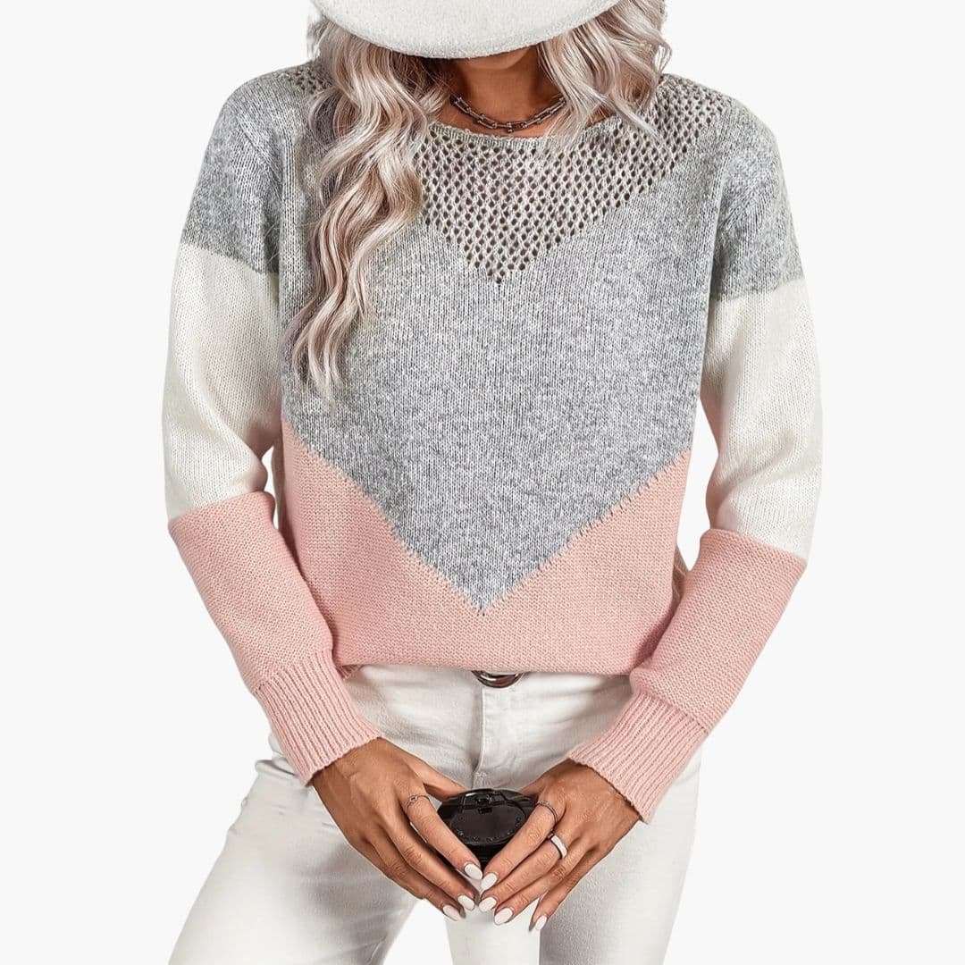 Women's beige chevron knit sweater with mesh neckline insert, ribbed cuffs, and relaxed cozy fit