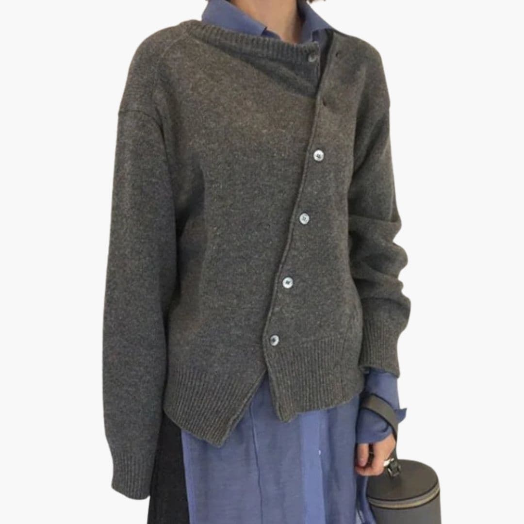 Women's cozy knit pullover sweater with asymmetric button closure and layered collar detail
