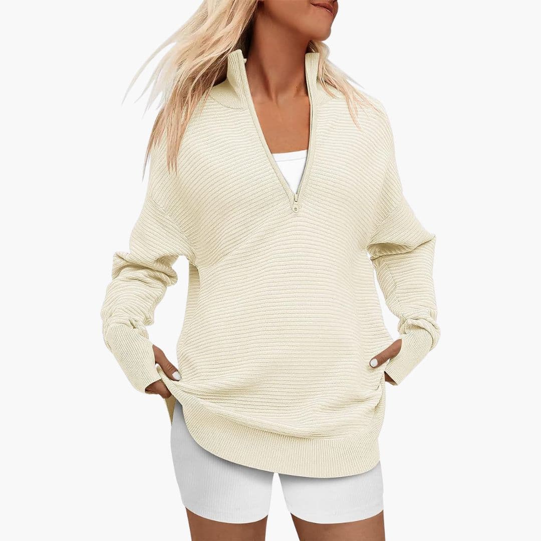 Women's ribbed knit zip-up sweater high collar full-length zipper minimalist everyday warmth