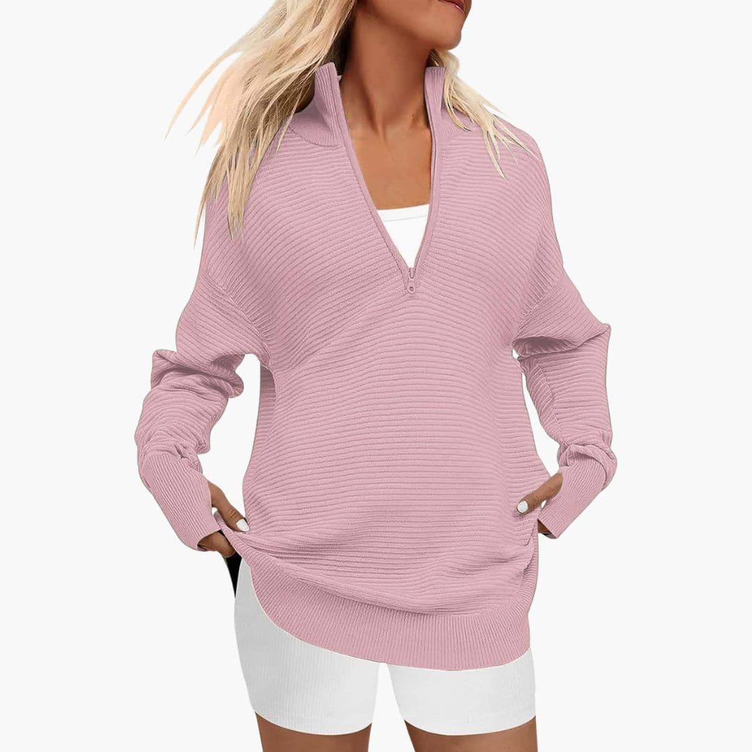 Women's ribbed knit zip-up sweater high collar full-length zipper minimalist warm everyday style