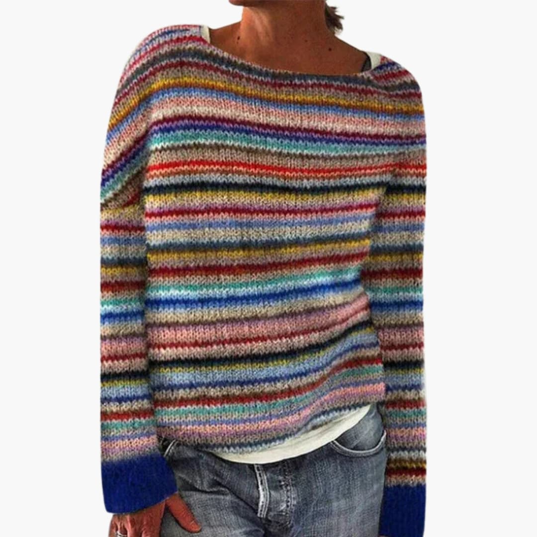 Women's multicolor striped knit sweater, round neck, long sleeves, straight cut with subtle texture