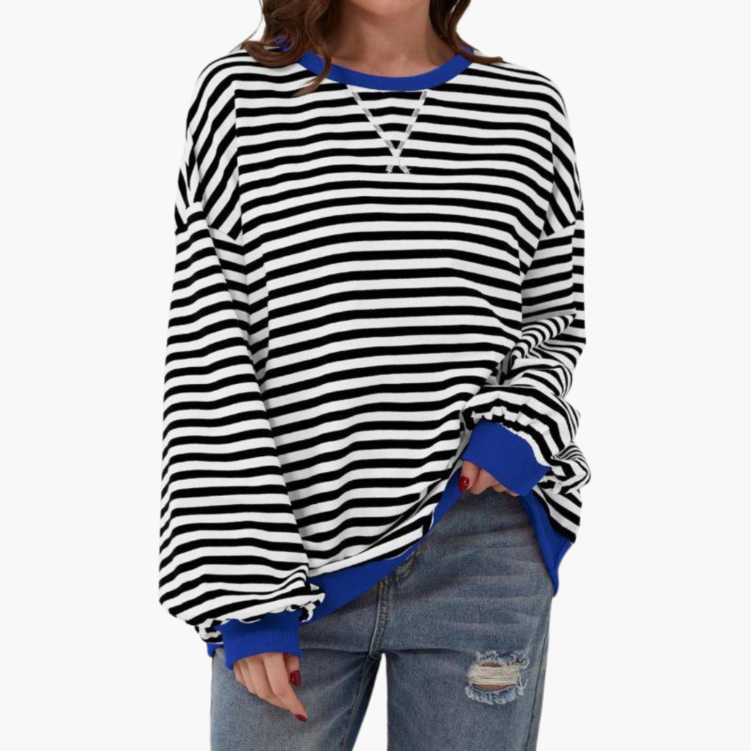 Women's loose fit striped knit sweater with contrasting trim, casual everyday style