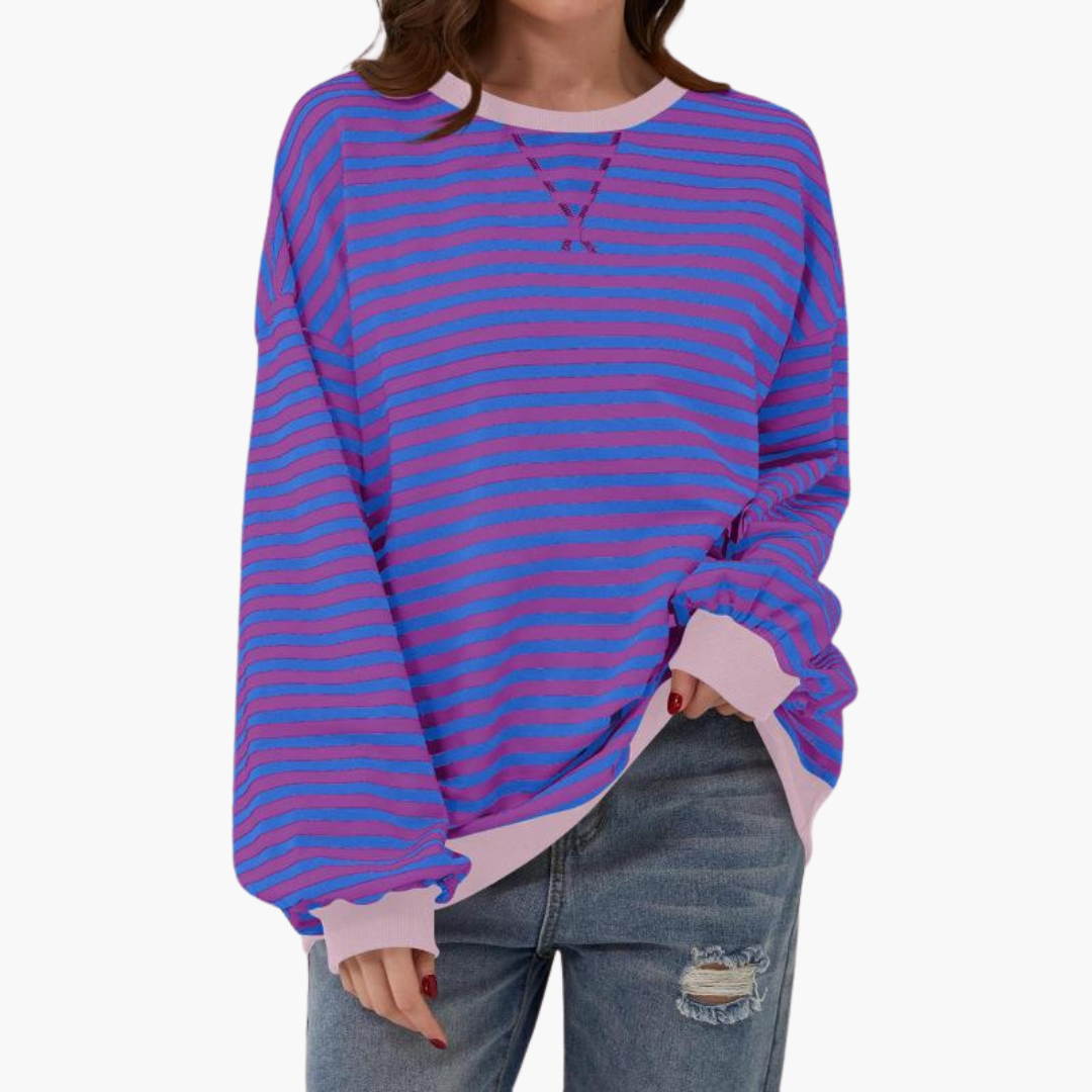 Women's loose fit striped knit sweater with contrasting trim, casual everyday style