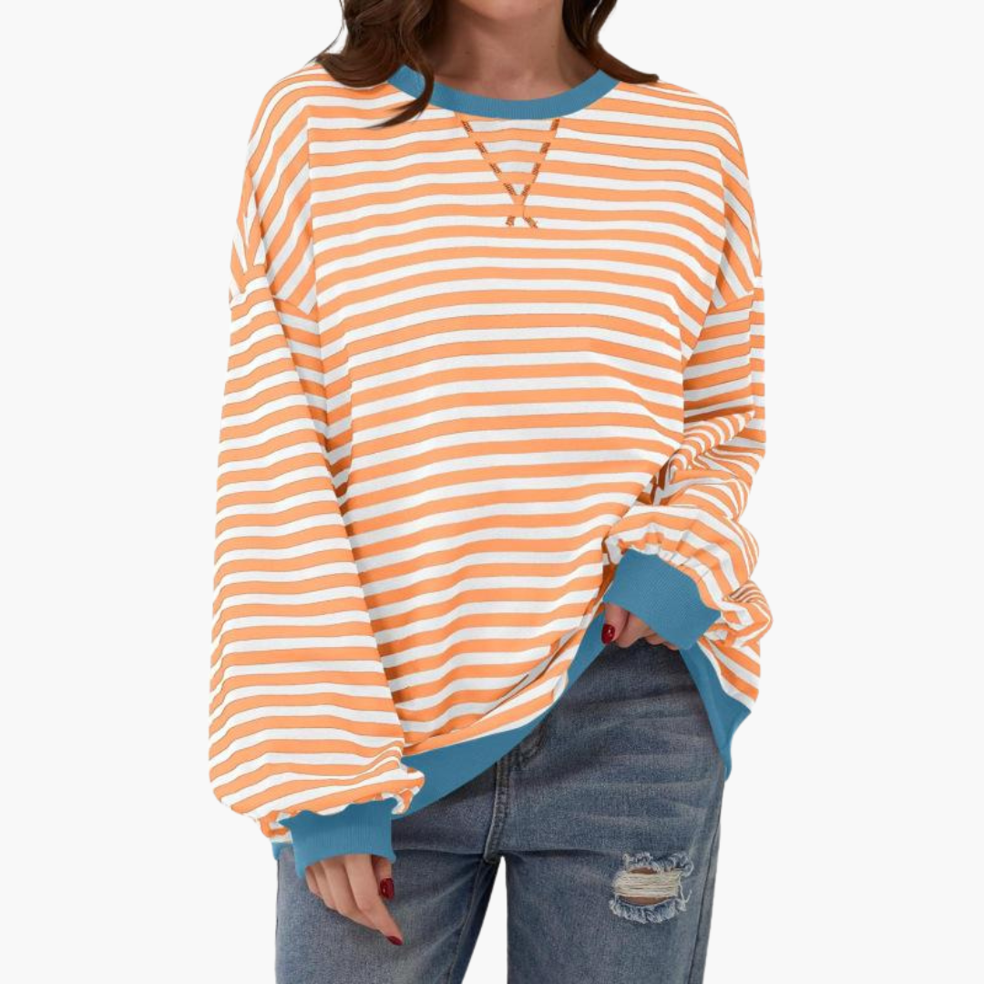 Women's loose fit striped knit sweater with contrasting trim, casual everyday style