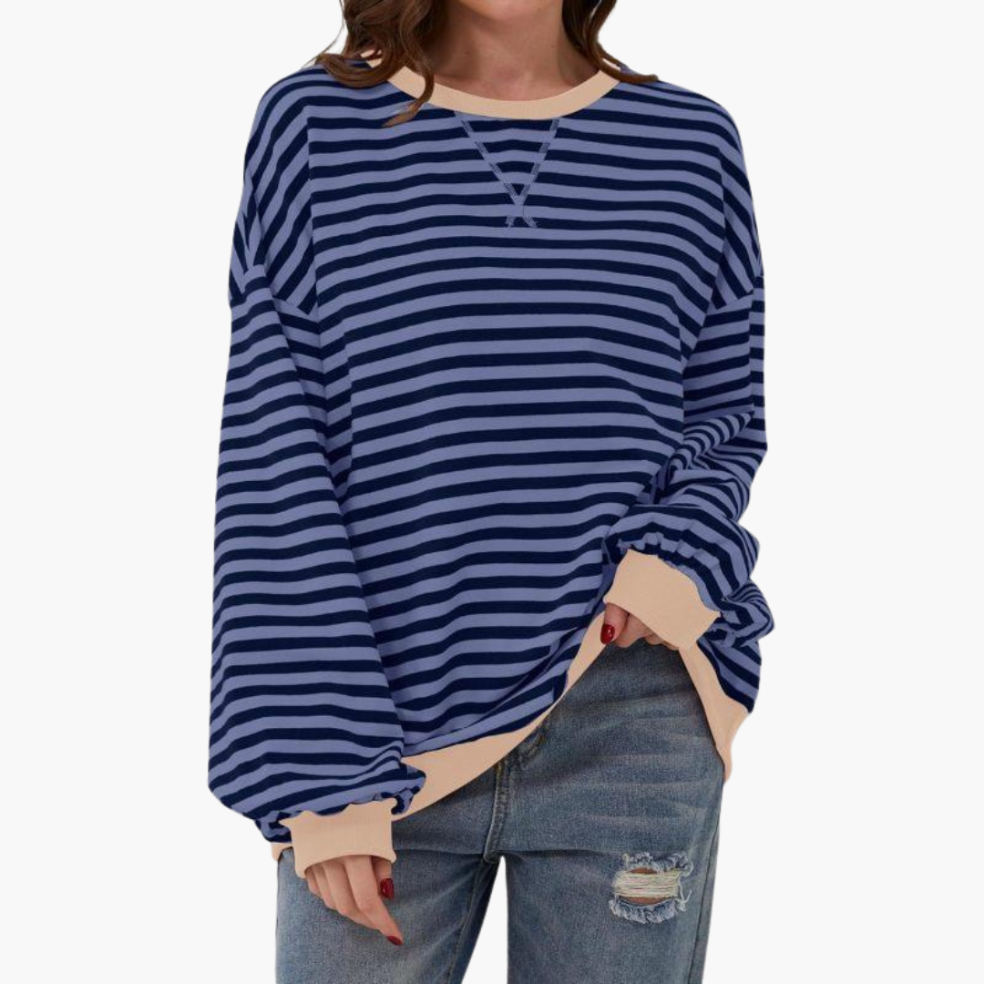 Women's striped knit sweater loose fit round neck contrasting trim casual everyday style