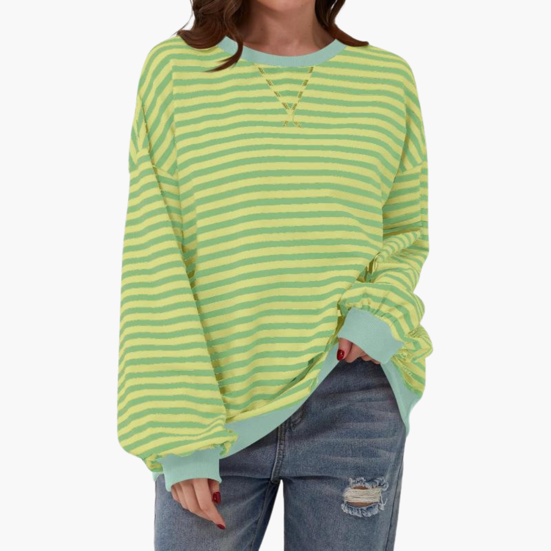 Women's loose fit striped knit sweater with contrasting trim, casual everyday style