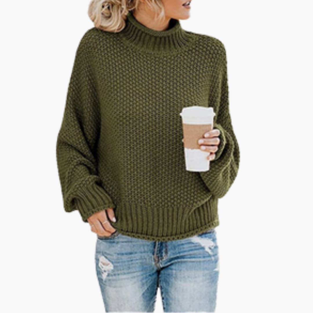 Women's cozy turtleneck pullover, ribbed stand-up collar, textured knit surface, relaxed long sleeve fit