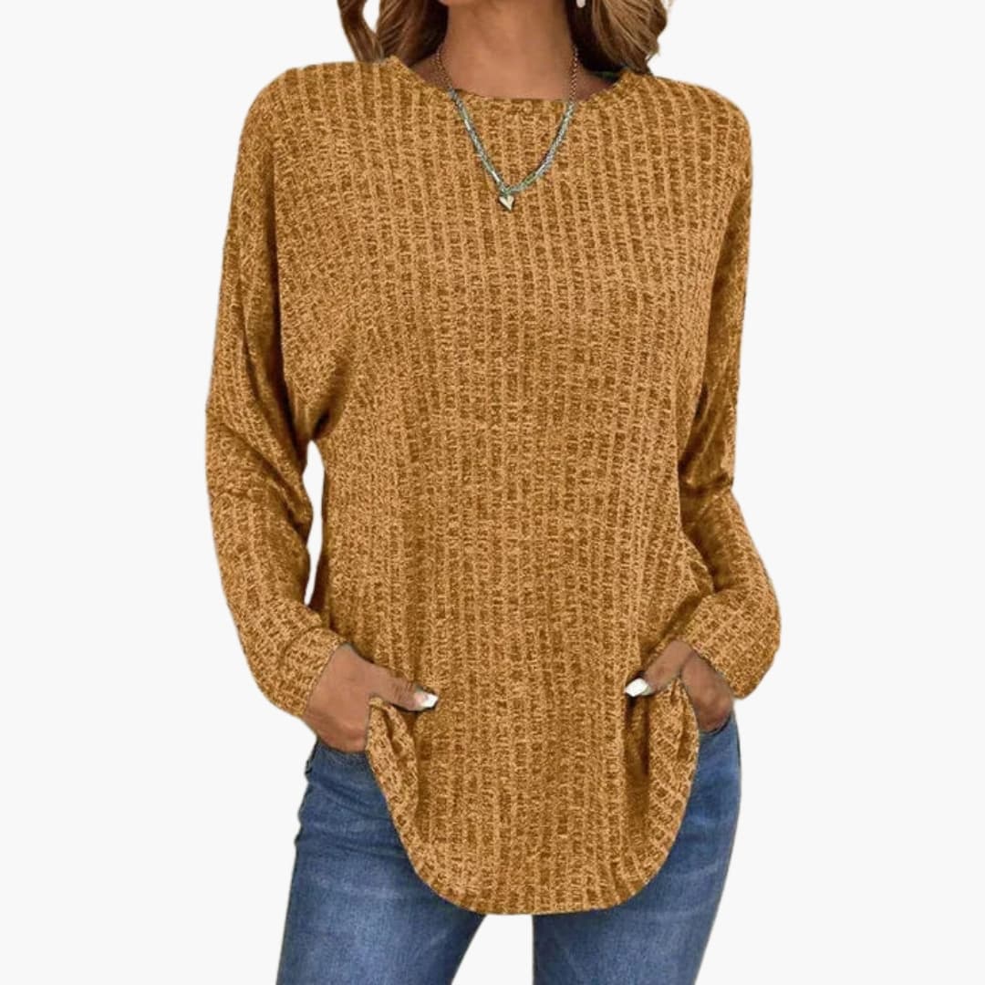 Women's cozy knit sweater round neck straight cut textured surface everyday layering comfort wear