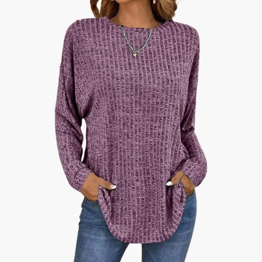 Women's beige knit sweater straight cut round neck textured surface cozy everyday layering