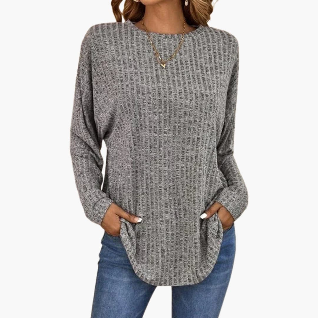 Women's beige knit sweater round neck straight cut textured surface cozy everyday layering comfort