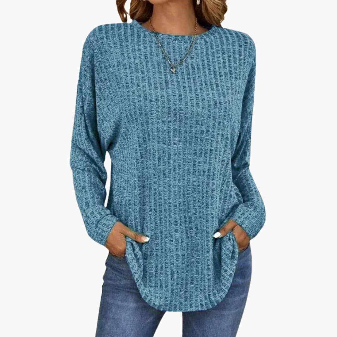 Women's cozy knit sweater round neck straight cut textured surface everyday layering comfort wear