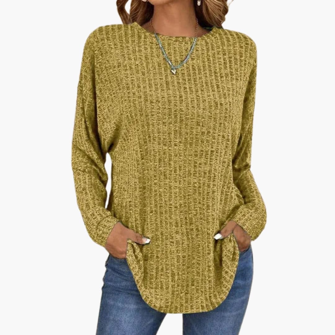 Women's cozy knit sweater round neck straight cut textured surface everyday layering comfort wear