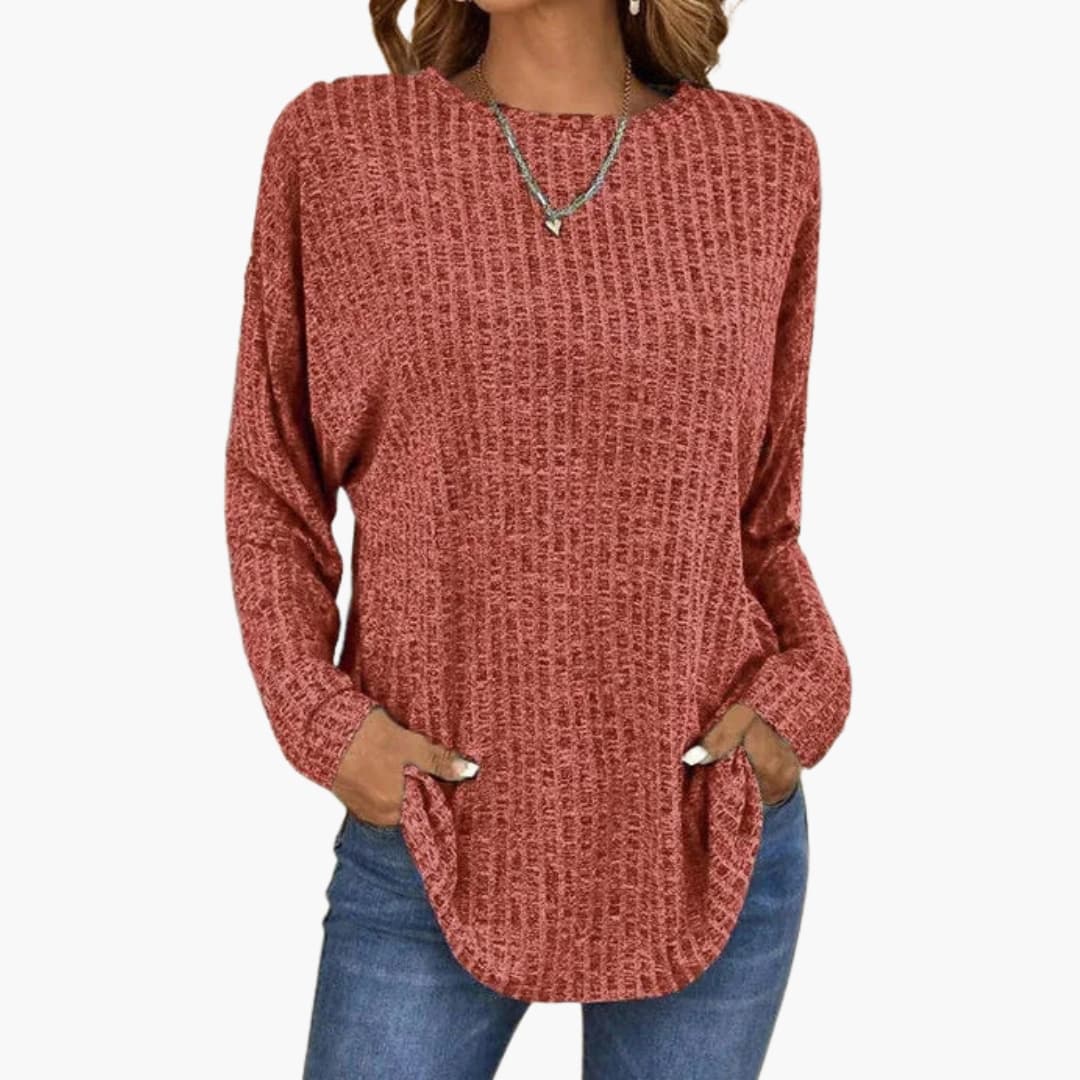 Women's cozy knit sweater round neck straight cut textured surface everyday layering essential