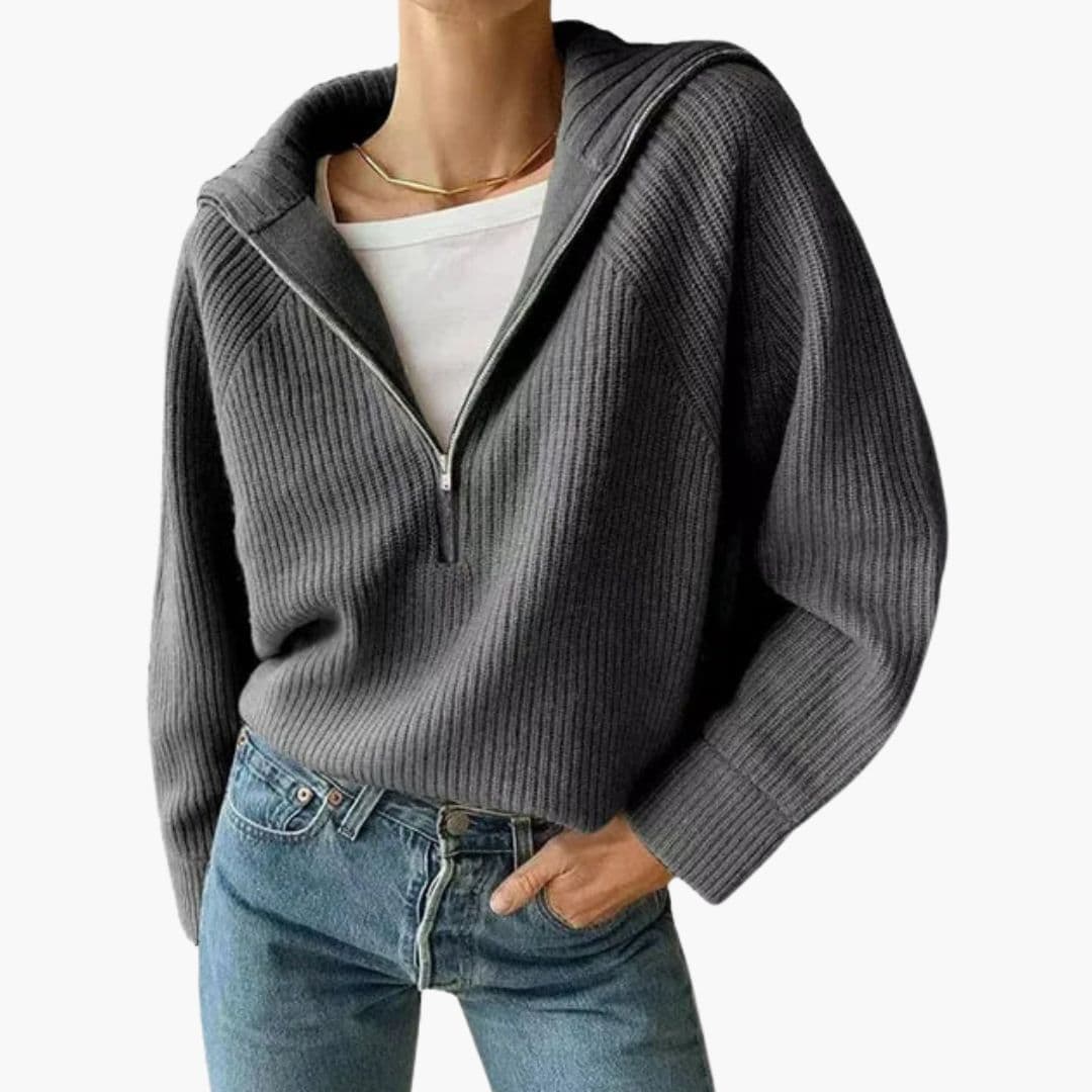 Women's beige ribbed knit half-zip pullover with convertible V-neck collar for layering