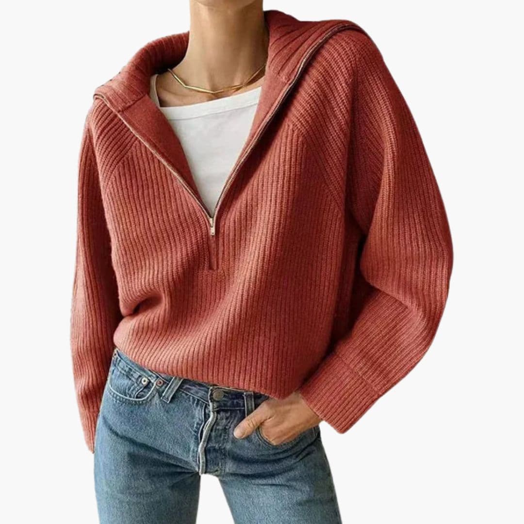 Women's ivory ribbed knit half-zip pullover with convertible V-neck collar for layering