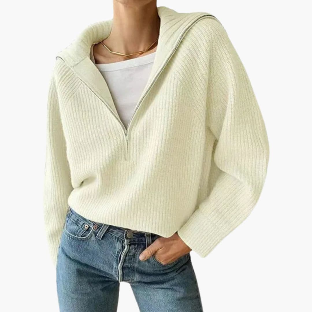 Women's ribbed knit half-zip pullover neutral tone V-neck cozy layering versatile casual sweater