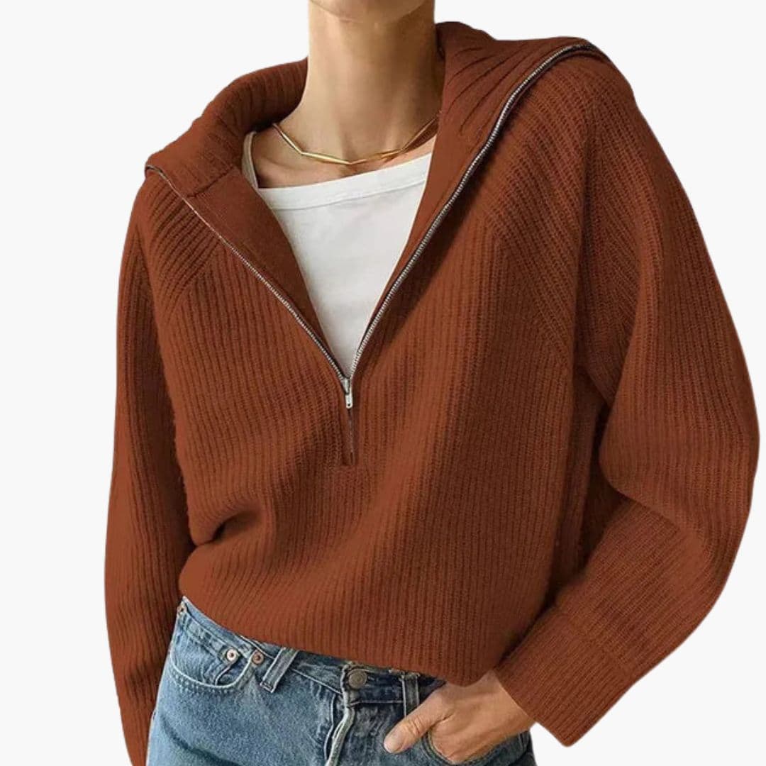 Women's ribbed knit half-zip pullover neutral tone V-neck convertible collar cozy layering essential