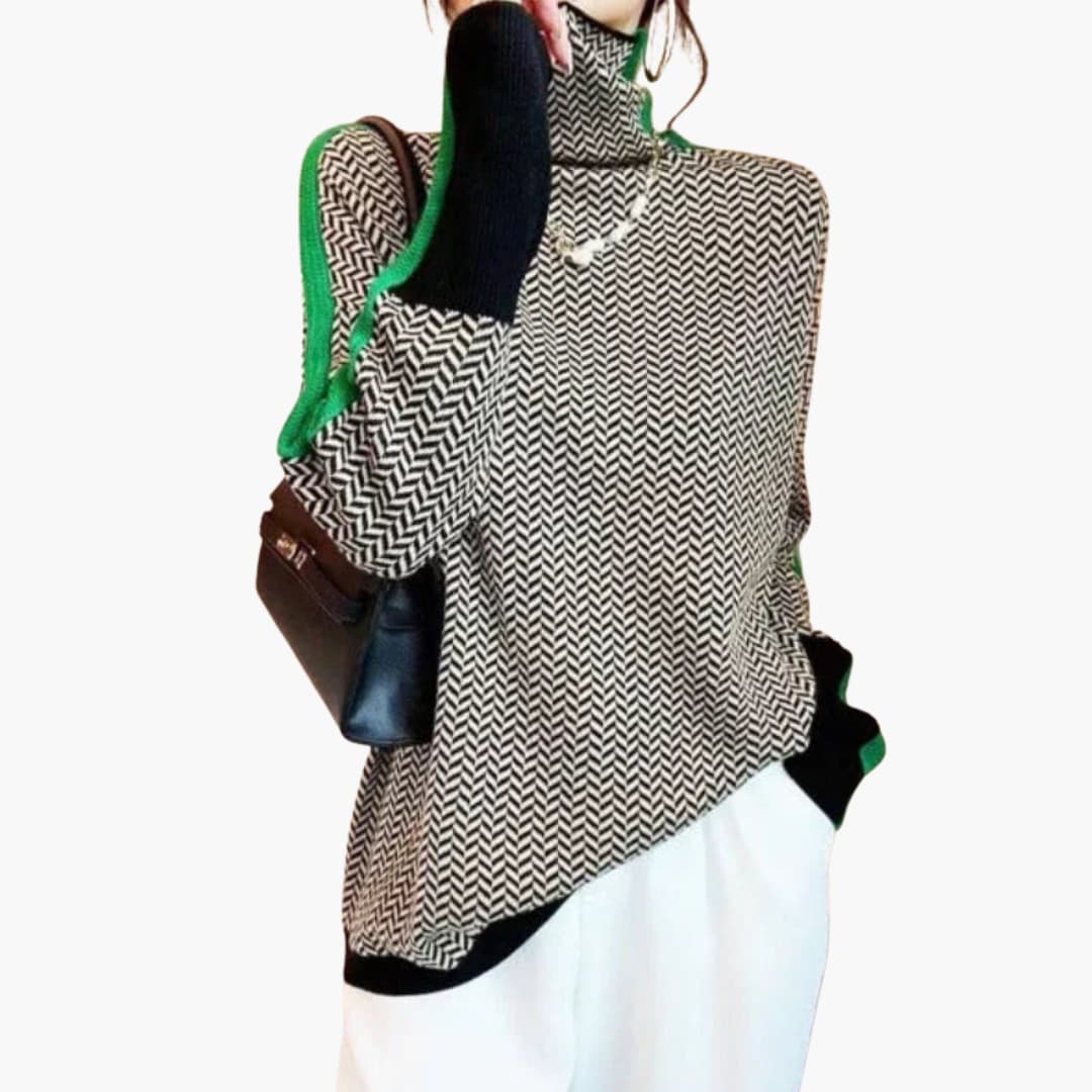Women's striped knit pullover high collar structured fit cozy all-season warmth versatile silhouette