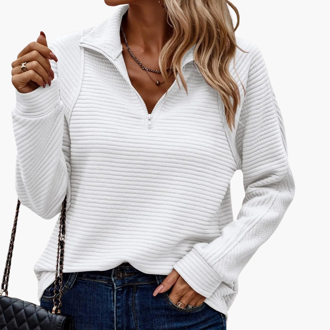 Women's beige ribbed knit V-neck half-zip pullover sweater with adjustable neckline for everyday wear