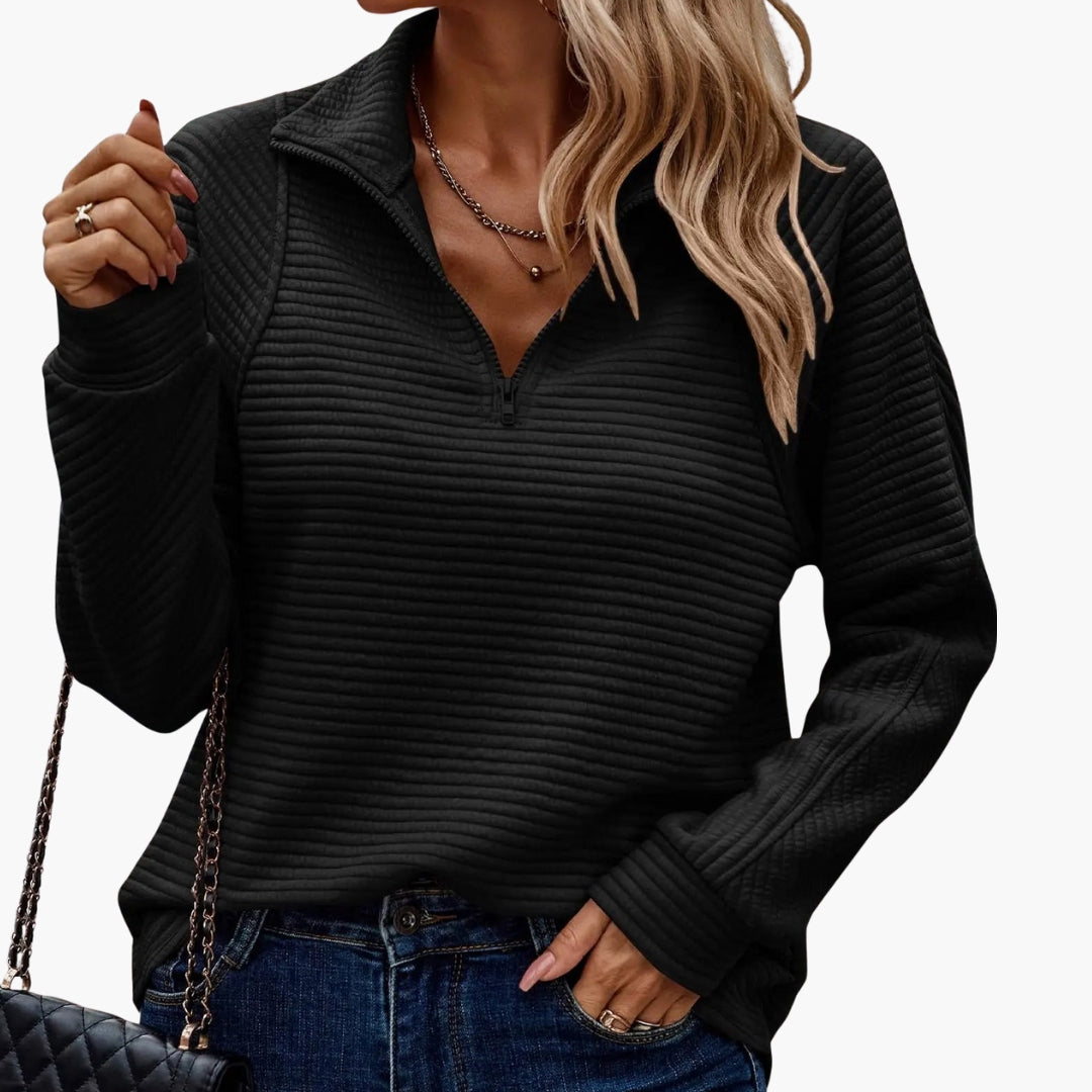 Women's beige ribbed knit V-neck half zip pullover sweater, casual layering style