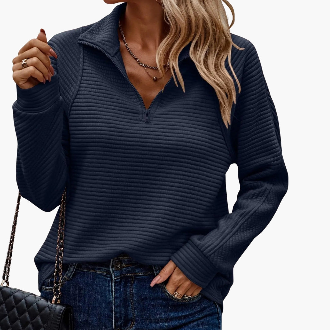 Women's ribbed knit pullover sweater, V-neck half-zip, cozy everyday layering piece in neutral tone