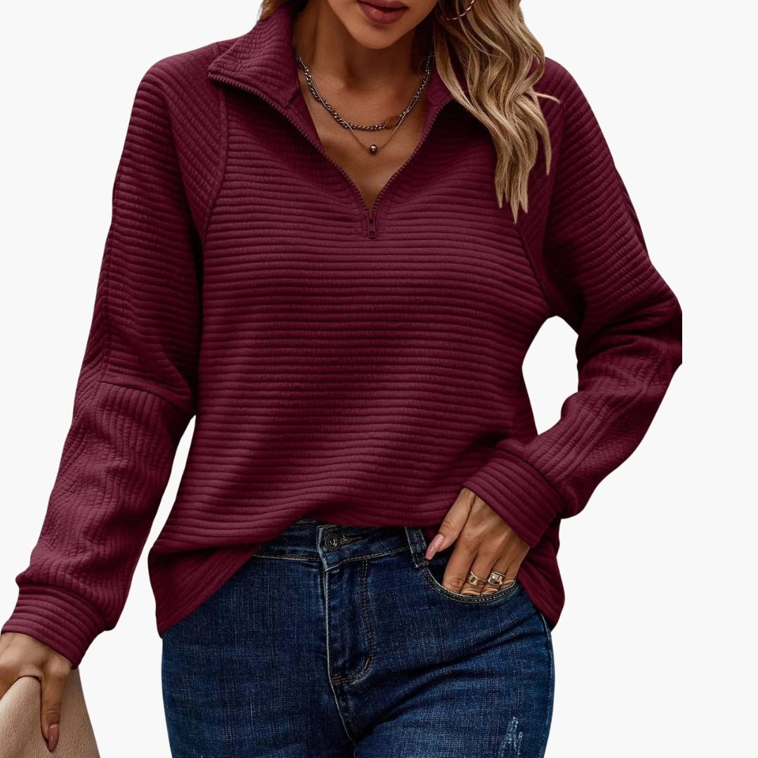 Women's beige ribbed knit V-neck half-zip pullover sweater, relaxed fit everyday layering staple