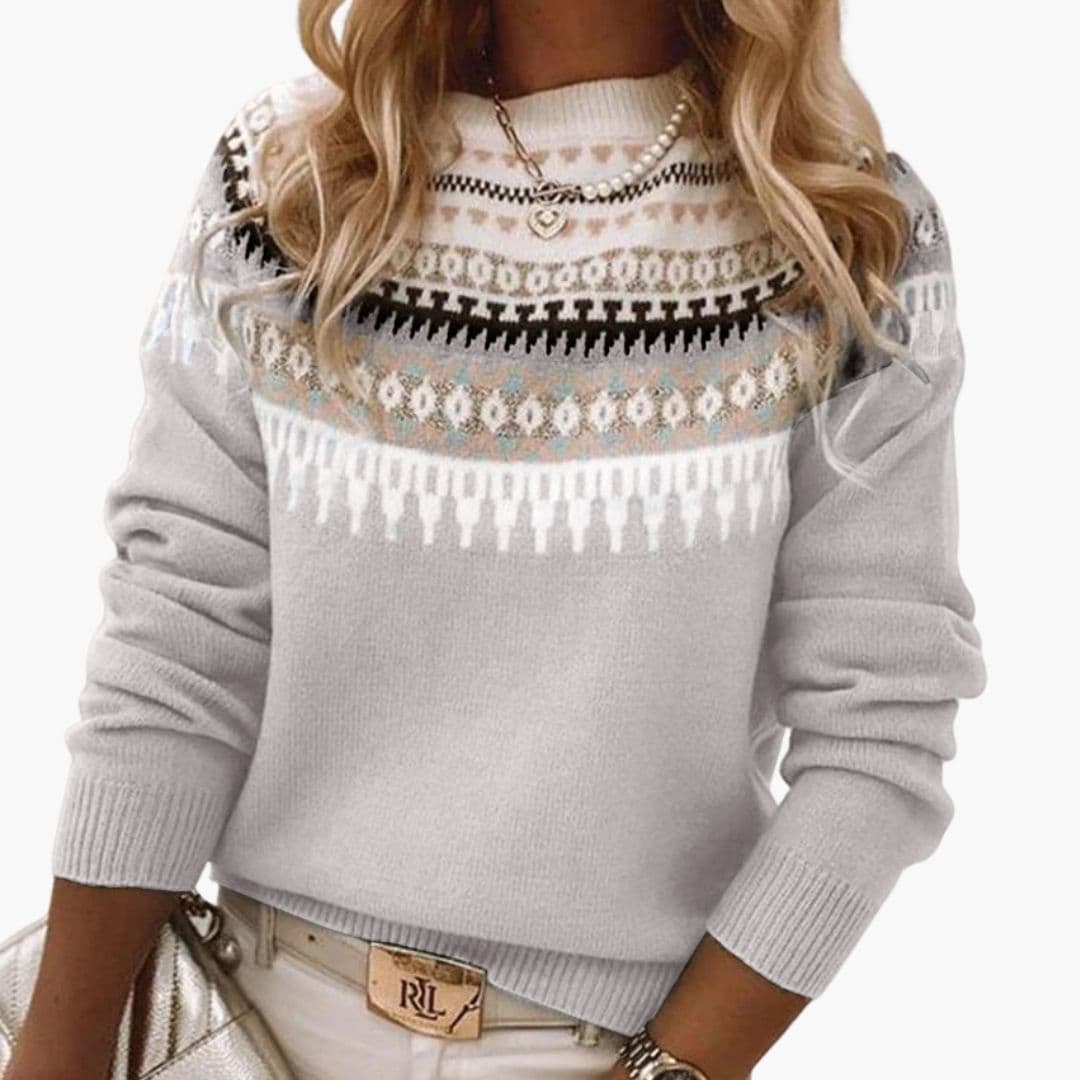 Women's round neck knit sweater multicolored geometric pattern ribbed cuffs long sleeves everyday comfort