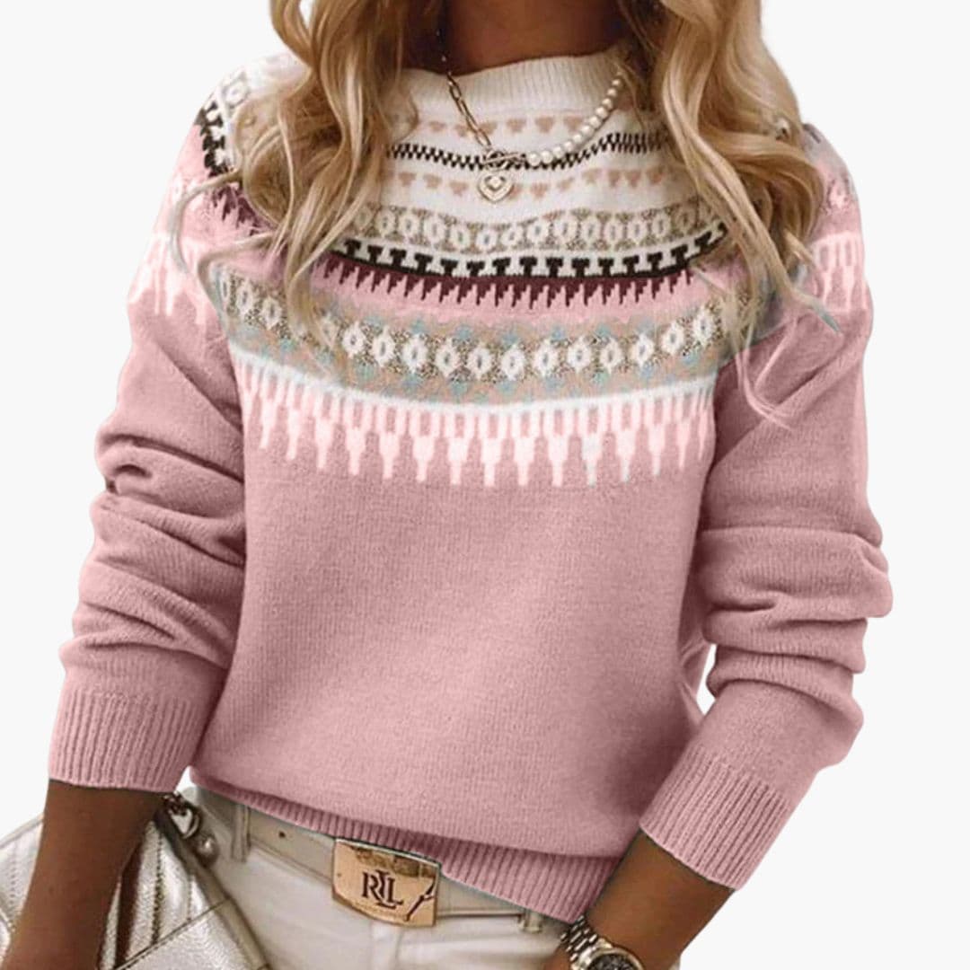 Women's round neck knit sweater multicolored geometric pattern ribbed cuffs long sleeves everyday comfort