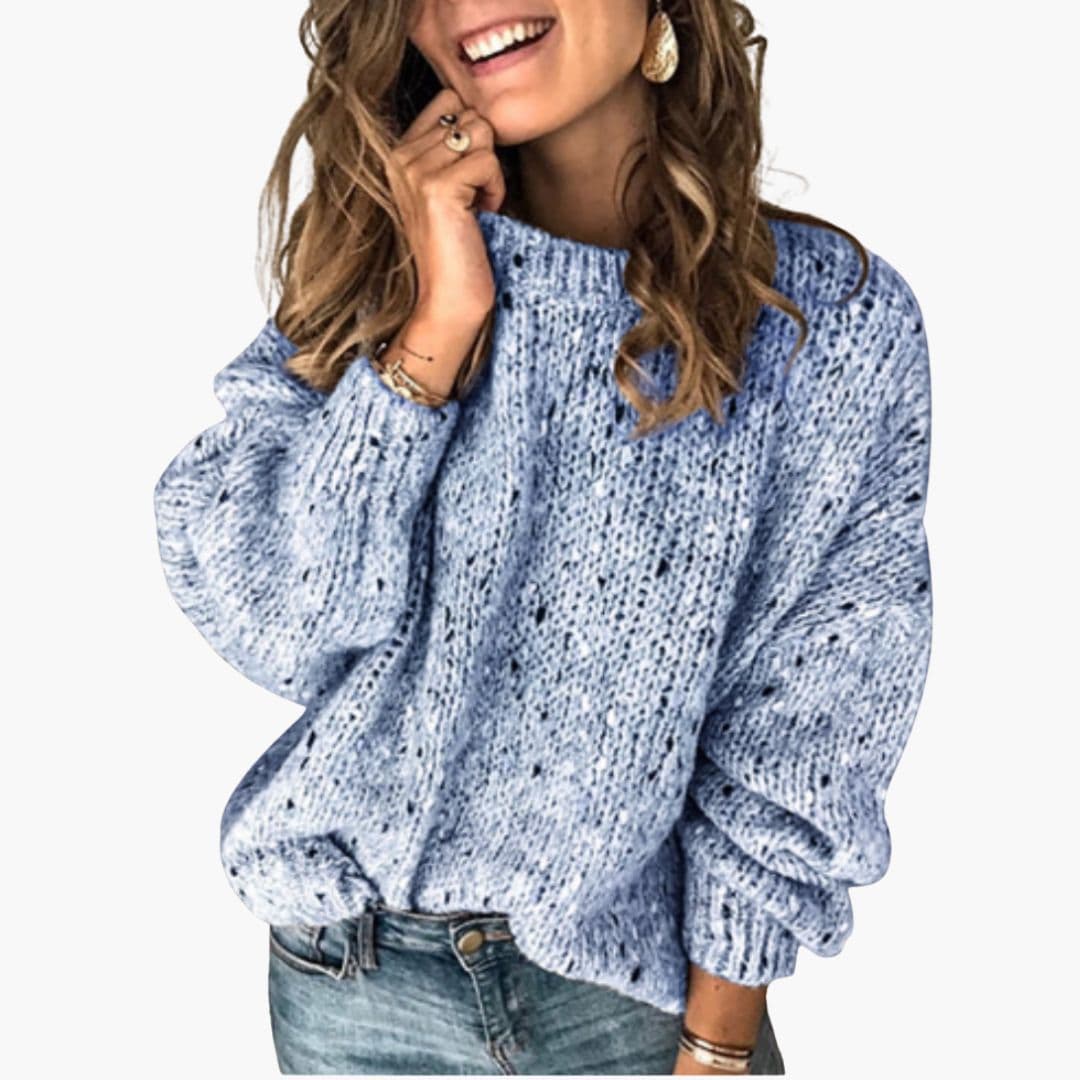 Women's beige openwork knit sweater round neck long sleeves ribbed cuffs textured cozy chic