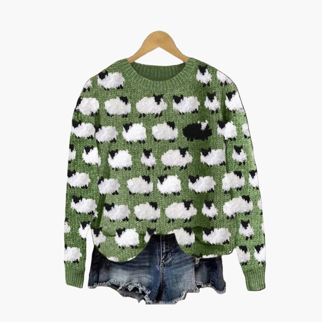 Women's green Christmas tree knitted pullover sweater with round neck and ribbed hem