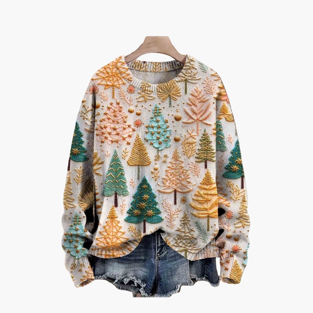 Women's green knitted Christmas tree pullover sweater with round neck and ribbed hem