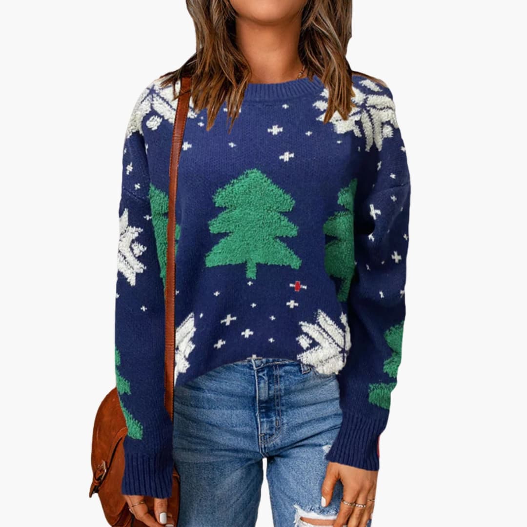 Women's green Christmas pullover sweater with pine tree snowflake pattern, round neck ribbed trim festive knit