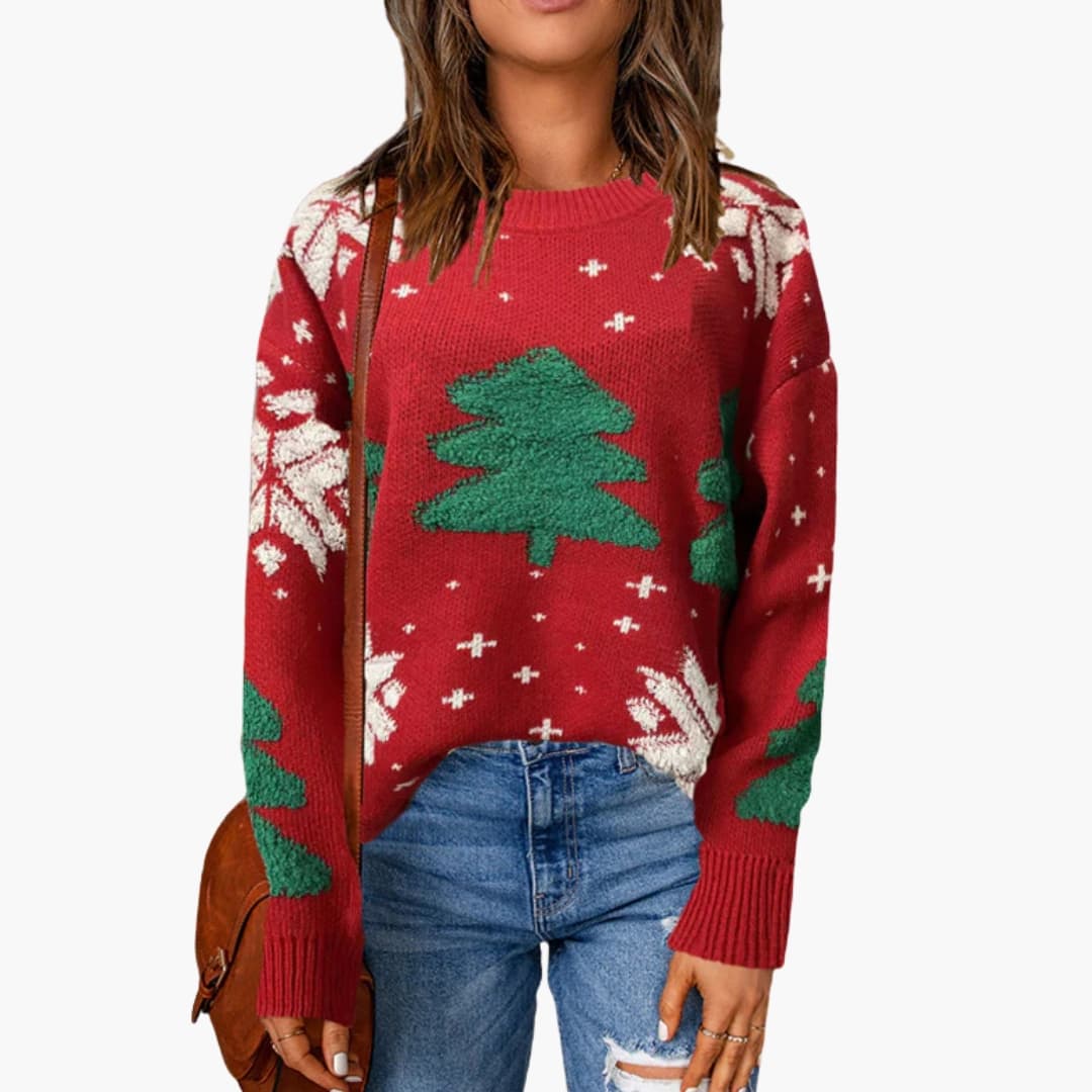 Women's green Christmas knit pullover sweater with pine tree snowflake pattern, round neck, ribbed cuffs
