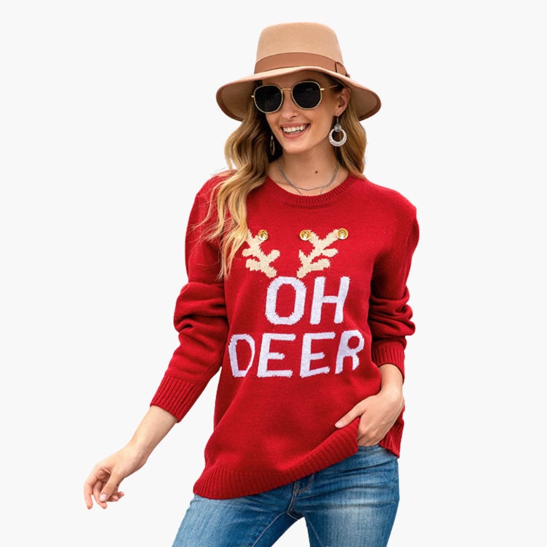 Women's cozy knit crew neck pullover with OH DEER text pattern, antler motif, and decorative buttons