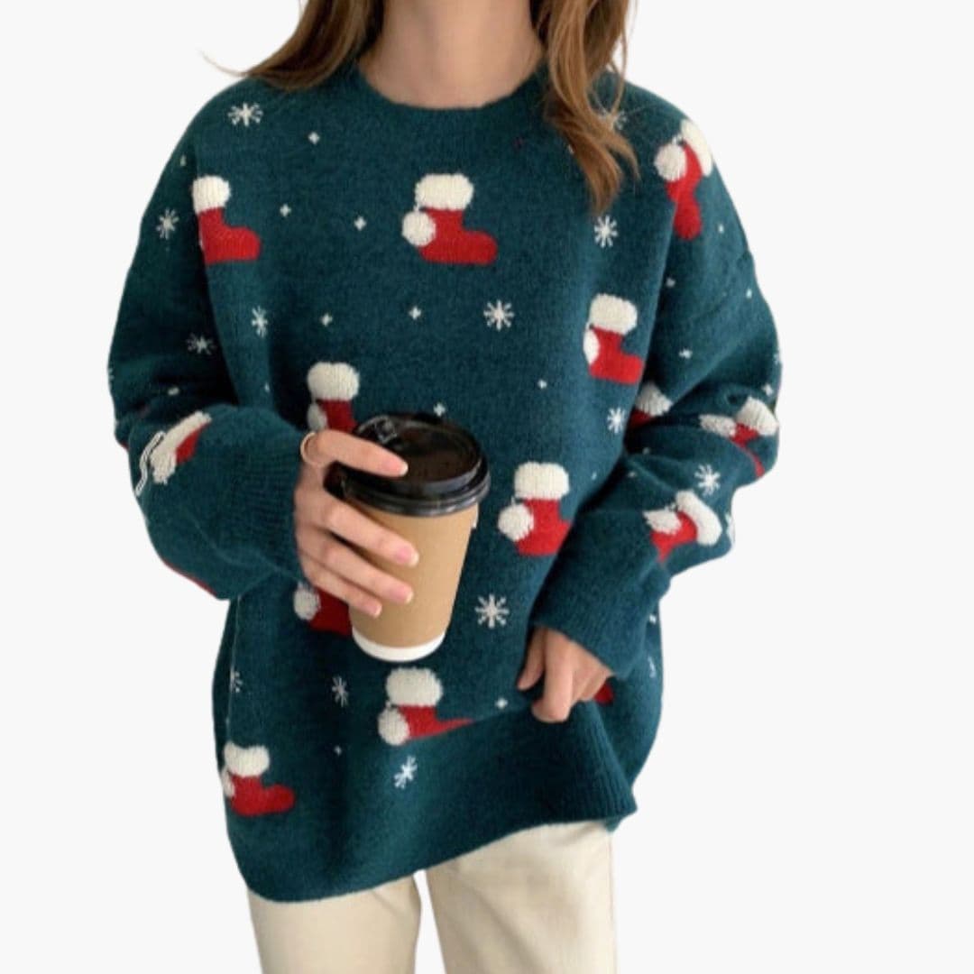 Women's cream knit pullover sweater with snowflake pattern, cozy crew neck ribbed trim